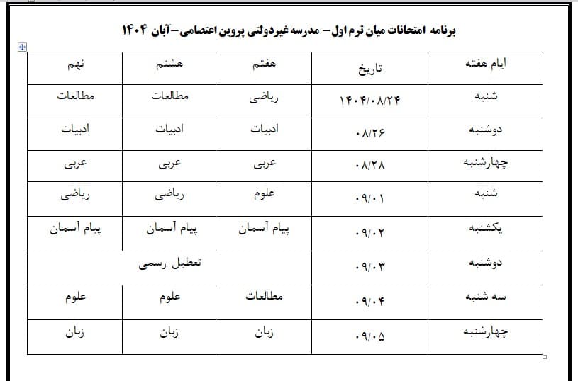 برنامه امتحانات میان ترم اول